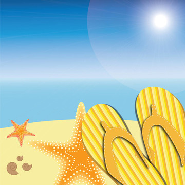 在夏天的海灘自然背景涼鞋和海星