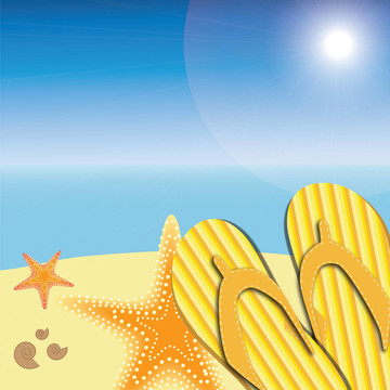 在夏天的海灘自然背景涼鞋和海星