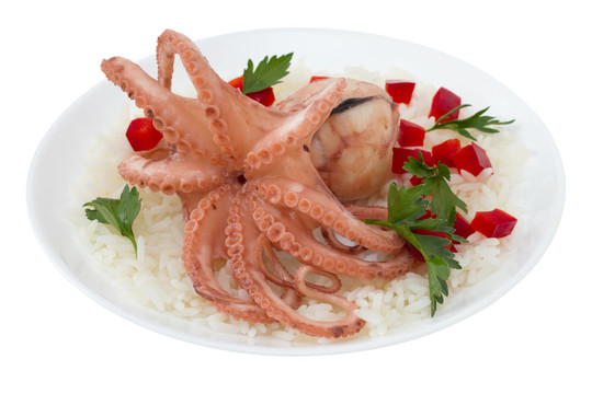 煮章魚與大米在盤子里