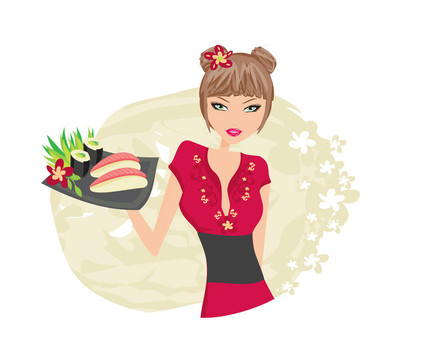 美麗的亞洲女孩享受壽司