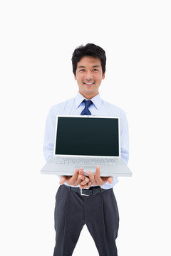 商人展示筆記本的肖像