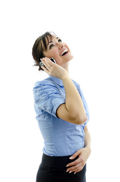 商務(wù)女性在電話(huà)上說(shuō)話(huà)；在白色上孤立