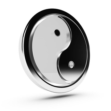 陰陽現(xiàn)代三維符號的一部分由玻璃和另一種金屬做的；有金屬圓形邊界，它的白色背景和陰影；