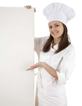 女廚師；baker或廚師微笑快樂抱空白白紙簽