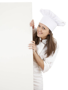 女廚師；baker或廚師微笑快樂抱空白白紙簽