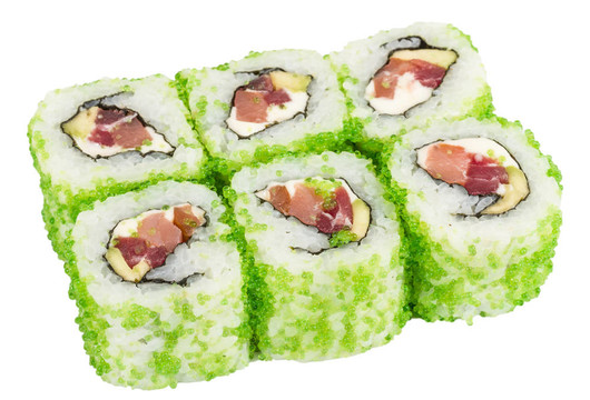 魚(yú)子辣真希壽司，熱輥與各種類(lèi)型的Tobiko（