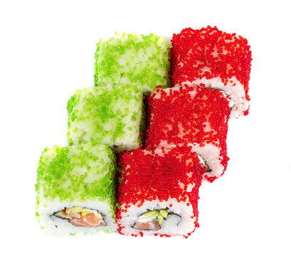 魚(yú)子辣真希壽司，熱輥與各種類(lèi)型的Tobiko（