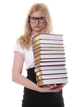 美麗的年輕婦女與書籍白色背景