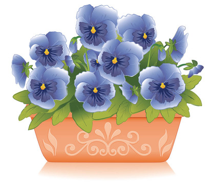 藍(lán)色堇型花；Clay Flowerpot