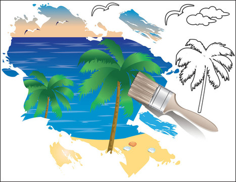 夏日素描；棕櫚樹與海洋。