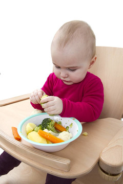 小孩在高椅上吃飯