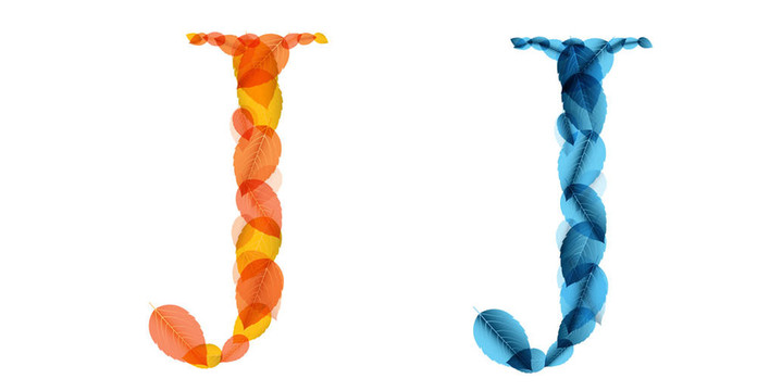字母由橙色和藍(lán)色的葉子。插畫(huà)