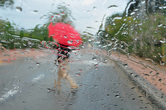 婦女走在雨中與紅傘在潮濕的道路上