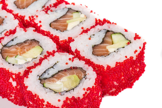 魚(yú)子辣真希壽司，熱輥與各種類(lèi)型的Tobiko（
