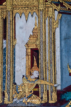 泰國(guó)壁畫(huà)上墻；Wat Phra Kaew；曼谷