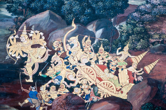 泰國(guó)壁畫(huà)上墻；Wat Phra Kaew；曼谷