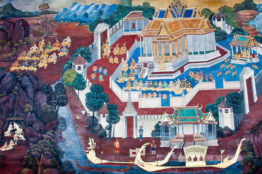 泰國(guó)壁畫(huà)上墻；Wat Phra Kaew；曼谷