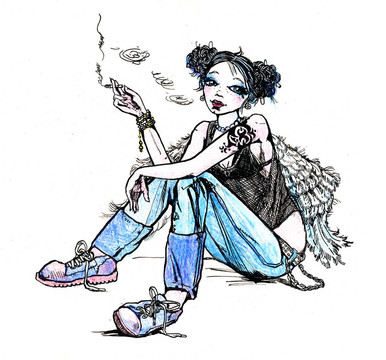 天使的嬉皮士女孩吸煙