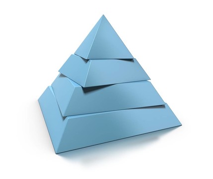 3D金字塔；四層白色背景，有光澤的反射和陰影