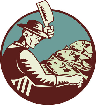 魚販屠夫切肉刀刀劈魚從復古木刻風格做側(cè)套內(nèi)圓視。