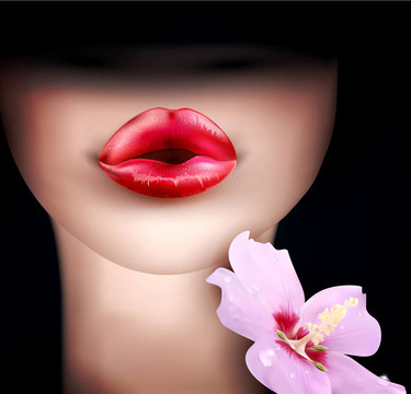 時(shí)尚背景；嘴唇紅潤(rùn)的女人；花朵