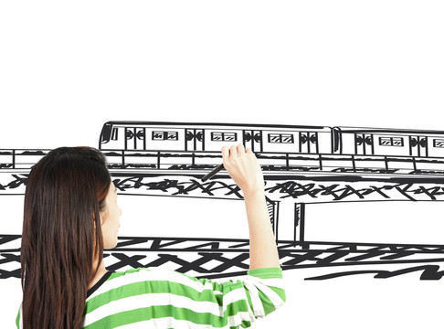 女人畫火車運輸和城市景觀