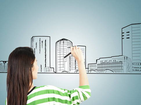 女人畫建筑和城市景觀