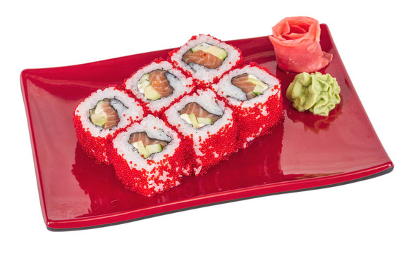 魚(yú)子辣真希壽司，熱輥與各種類(lèi)型的Tobiko（