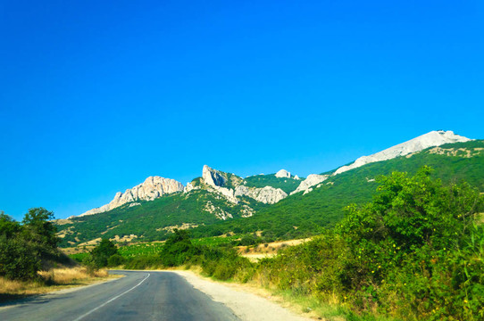 夏季；道路；綠樹與高山