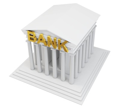 金色標(biāo)志的3D銀行大樓