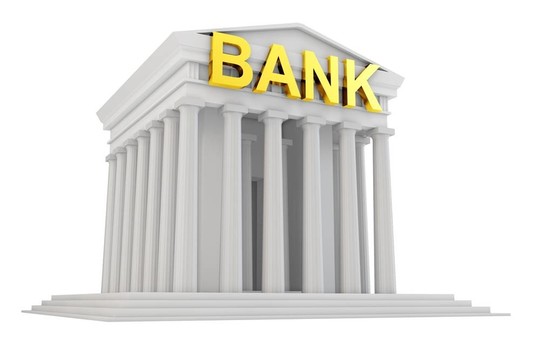 金色標志的3D銀行大樓