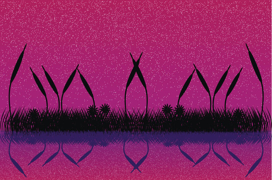 湖夜景與草剪影