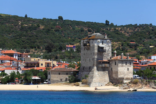 在Ouranopolis phospfori塔；阿索斯半島；圣山；Chalkidiki；希臘