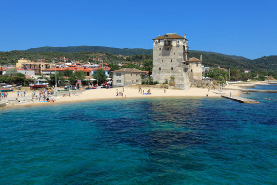 在Ouranopolis phospfori塔；阿索斯半島；圣山；Chalkidiki；希臘