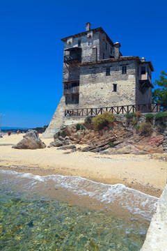 在Ouranopolis phospfori塔；阿索斯半島；圣山；Chalkidiki；希臘