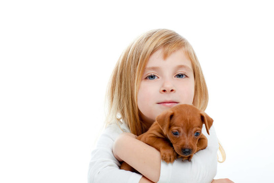 與小狗迷你杜賓犬的金發(fā)孩子的女孩