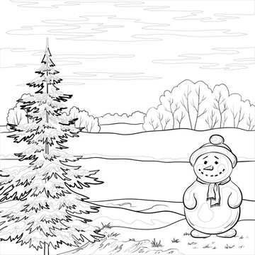 雪人和圣誕樹；輪廓