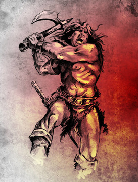 紋身藝術(shù)素描與武士斗斧