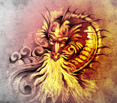 紋身藝術(shù)素描；幻想中的龍與白火