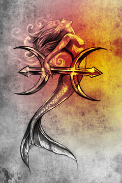 紋身藝術(shù)；美人魚素描；雙魚座復古風格