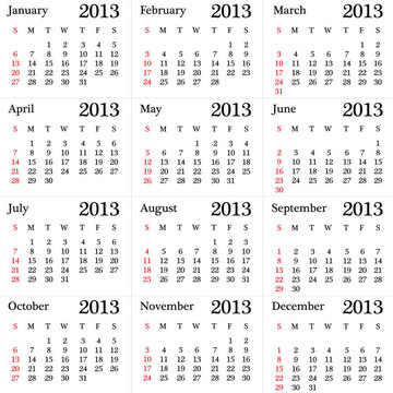 日歷為2013年簡單版