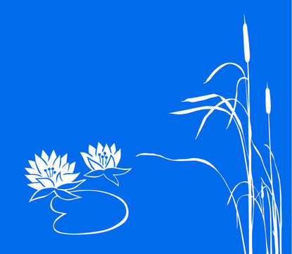 睡蓮和蘆葦在藍色的背景