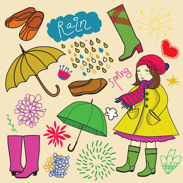春季多雨的元素和女孩