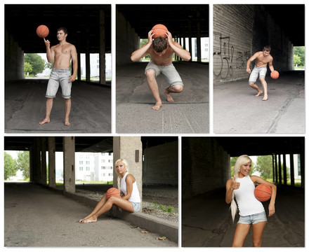 街头篮球人拼贴。由五张照片。