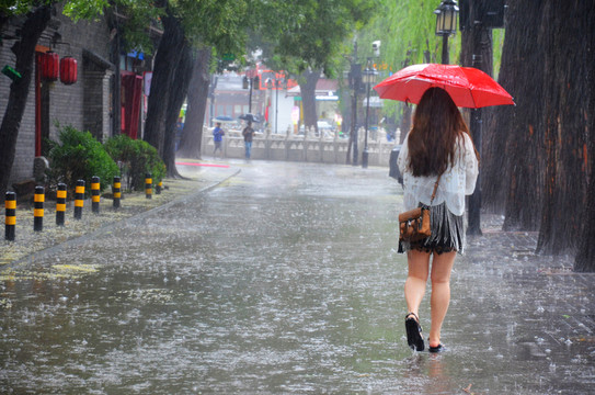 暴雨里行走的打傘女子