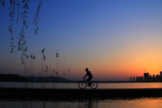 梅溪湖騎自行車夕陽