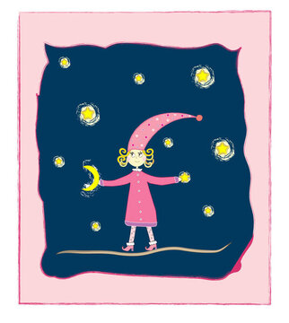 可愛(ài)的女孩與月亮和星星組