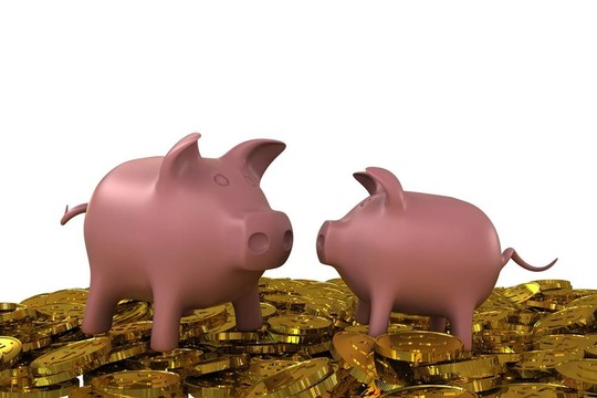 金色硬幣上的兩個粉紅色存錢罐。3D渲染
