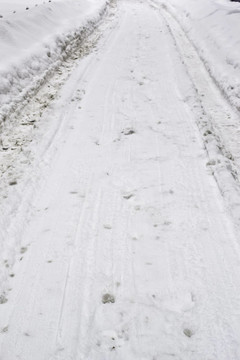 汽車輪胎印在雪地上
