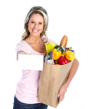 漂亮的女人與食品袋。